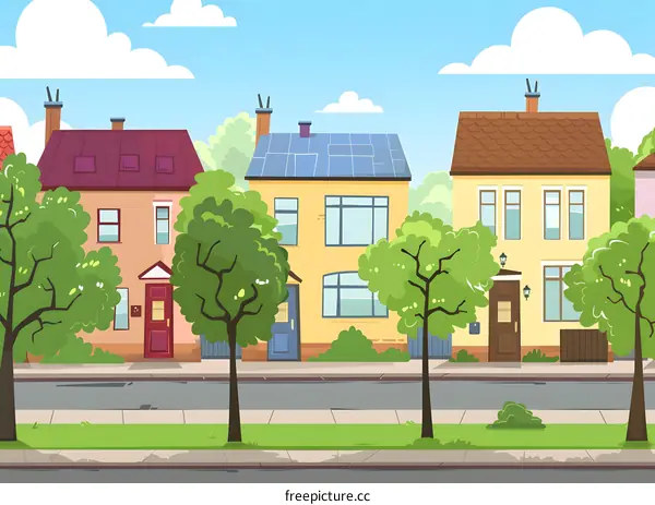 Cartoon Illustration of a Street with Houses and Trees