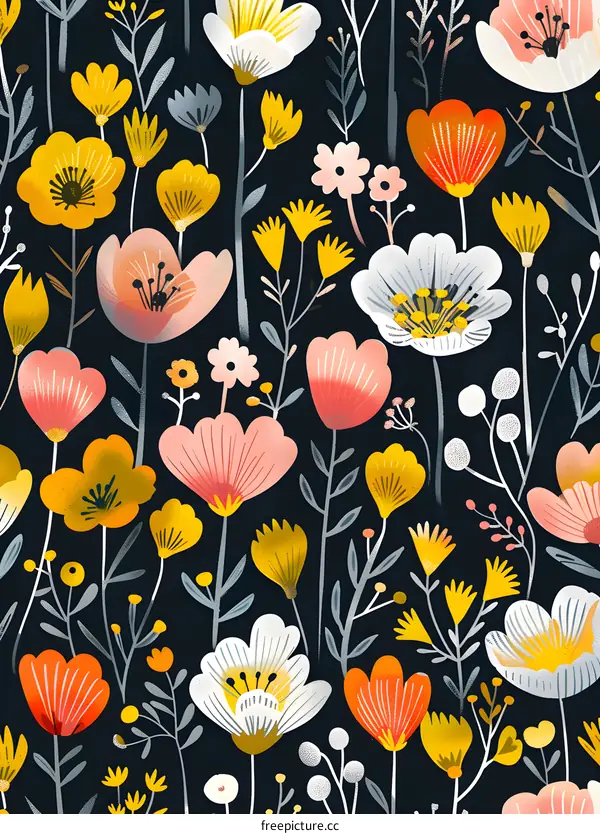 Floral Pattern with Yellow, Pink and Orange Flowers on Dark Background