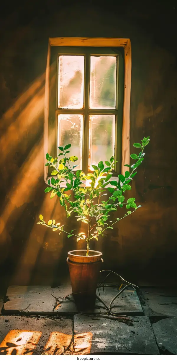Sunlight shining through a window onto a potted plant