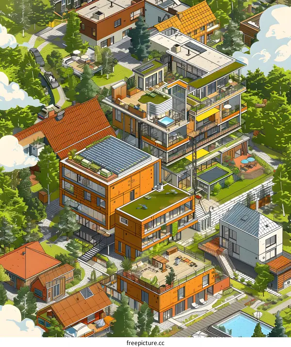 Modern Architecture Illustration with Green Roofs and Outdoor Spaces