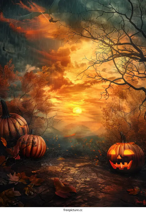 Spooky Halloween Pumpkin in Eerie Forest