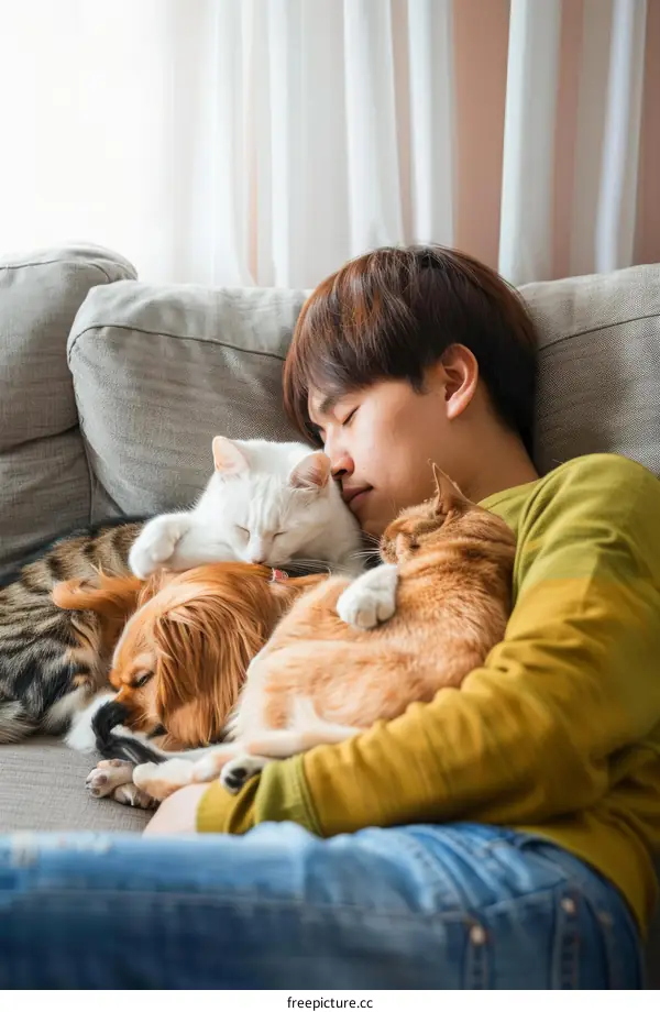 A Man Sleeping on the Couch with a Dog and a Cat