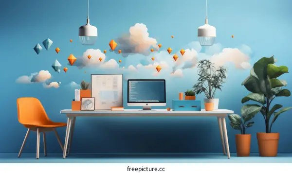 A Surreal Office Space with a Blue Wall and Orange Accents