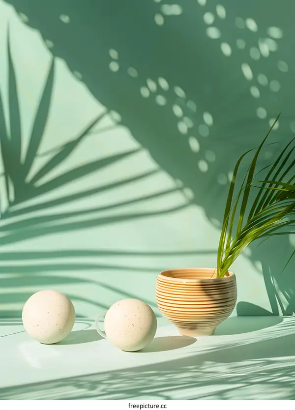 Green Background with White Round Objects and a Striped Bowl