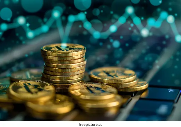 Bitcoin Cryptocurrency Coins Stacked on Keyboard