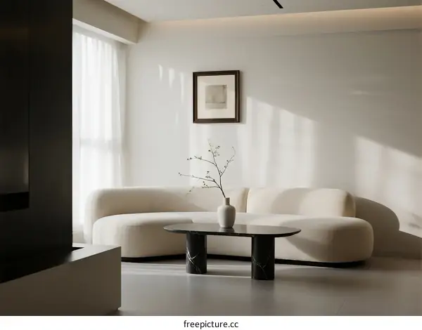 Modern Minimalist Living Room with Curved Sofa and Natural Light