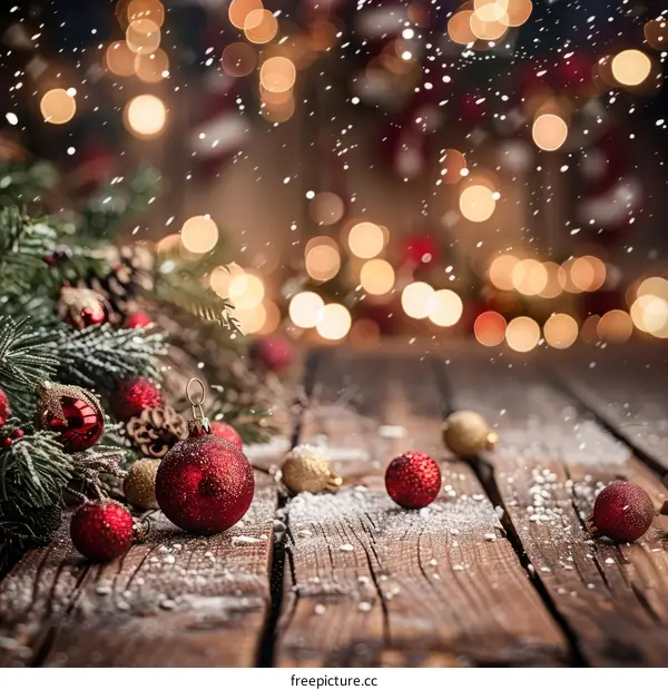 Christmas ornaments on a wooden table with a blurred background of lights