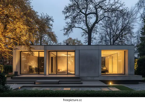 Modern Concrete House with Large Windows and a Wooden Deck
