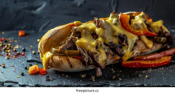 Philly Cheesesteak Sandwich with Melted Cheese, Peppers, and Onions