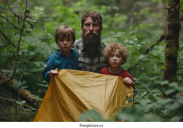 Three people in the woods