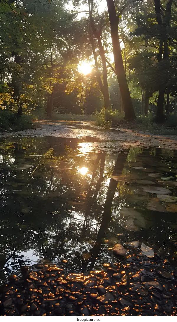 Sunlight shining through the trees onto a pond