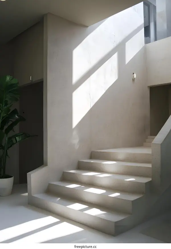 Minimalist Interior Design with Concrete Stairs and Sunlight