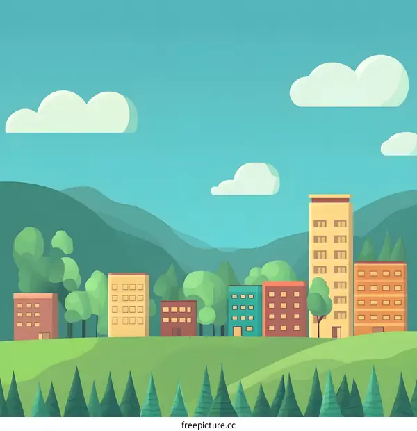 Flat Design Cityscape with Hills and Trees
