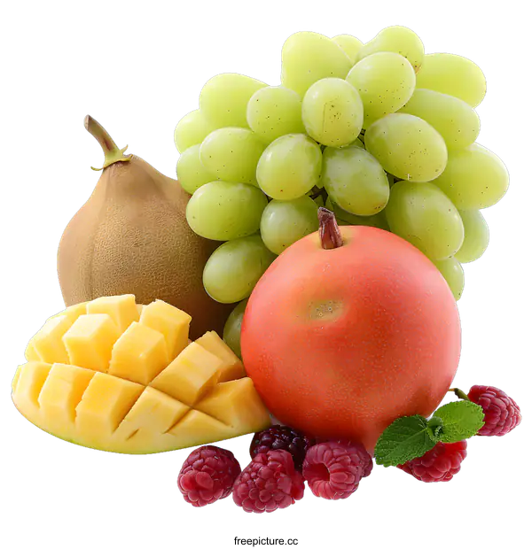 [Transparent Background PNG]Fresh Fruits Mix with Mango, Grapes, Kiwi and Raspberries