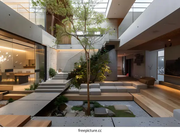 Modern Interior Design with Indoor Garden and Concrete Walls