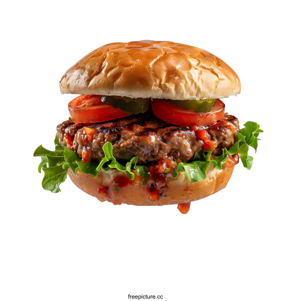 [Transparent Background PNG]yummy juicy beef burger with tomato and lettuce isolated on white background