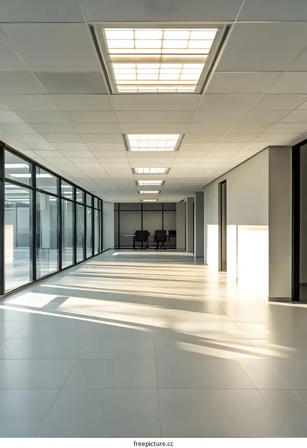 Modern Office Hallway with Large Windows and Tile Floor