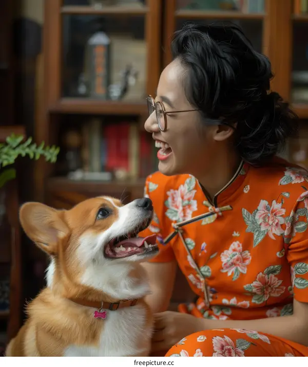 A woman wearing a cheongsam is playing with a corgi dog