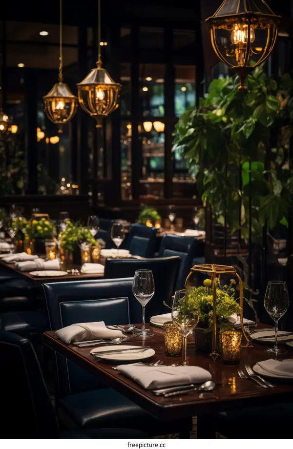 Elegant restaurant interior with dark blue chairs and gold accents