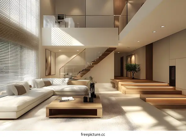Modern Minimalist Living Room Interior Design With Wooden Stairs And White Sofa