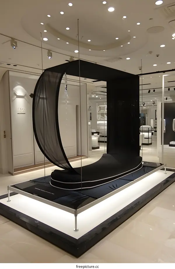 Black Fabric Canopy Bed Display in Modern Retail Store