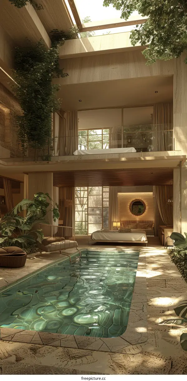 Indoor swimming pool and tropical plants