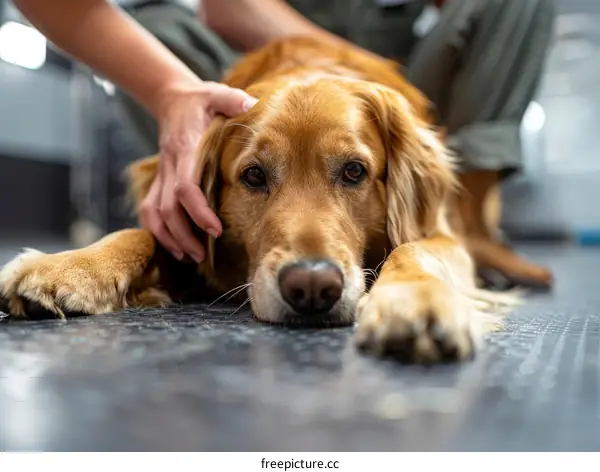 Golden Retriever Dog Lying Down with Head Patted