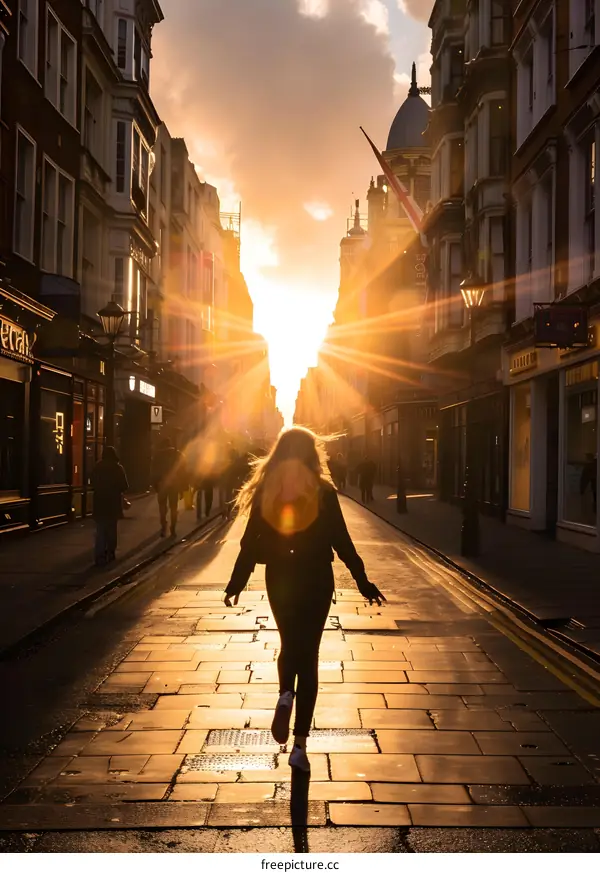 Sunset Silhouette of Woman Walking Down City Street