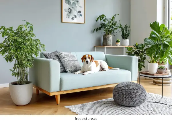 Modern Living Room with Dog and Plants