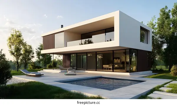 Modern House with Swimming Pool and Green Lawn