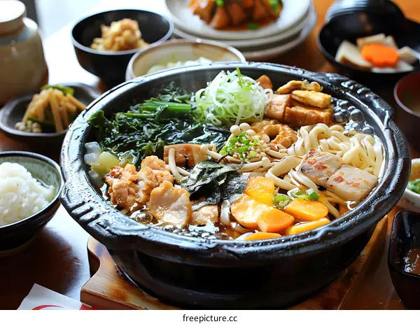 A delicious Japanese dish with rice, noodles, vegetables and meat