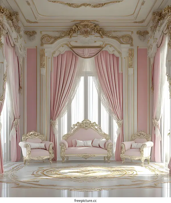 Pink and Gold Interior Design With Ornate Furniture