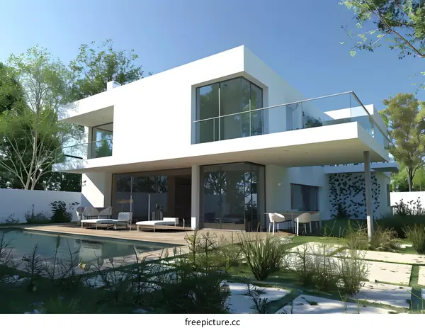 Modern White House with Swimming Pool and Garden