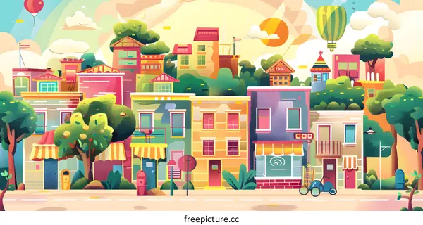 Colorful Cartoon Illustration of a Cityscape with Houses and Trees