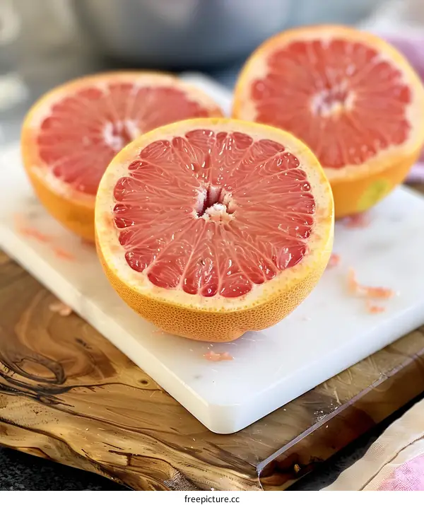 Closeup of Three Halved Pink Grapefruits on a Cutting Board