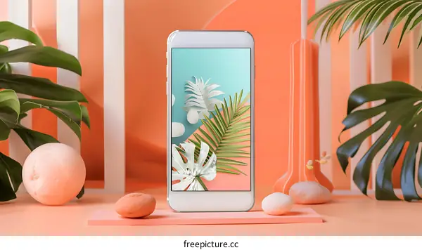 White Smartphone with Tropical Leaves Wallpaper on Coral Background