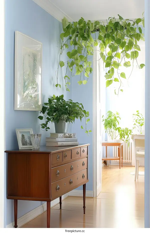 Elegant Light Blue Interior with Hanging Plants and Wooden Chest