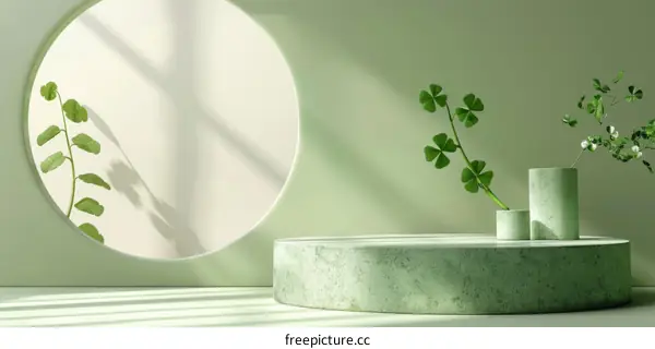 Green and white podium with plants