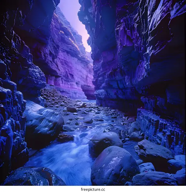Purple canyon landscape with river flowing through it