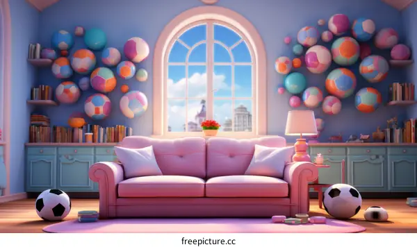 A Cozy Living Room With Lots Of Colorful Balls