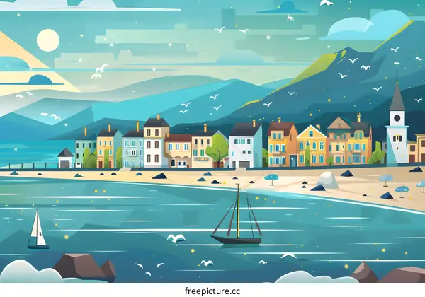 Coastal Town Illustration with Mountains and a Sailboat