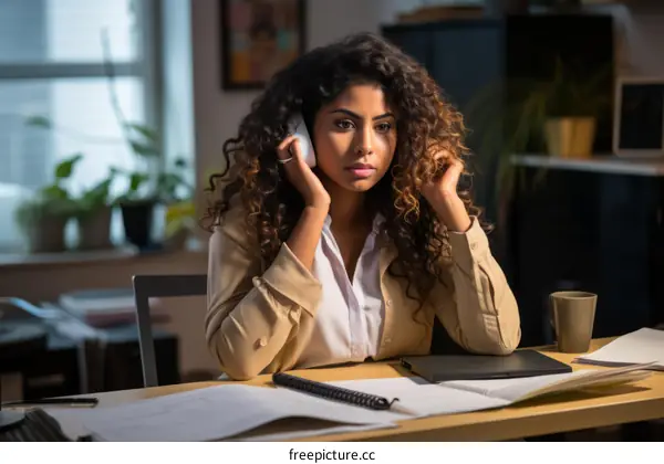 A young woman of color sits at her desk looking thoughtful