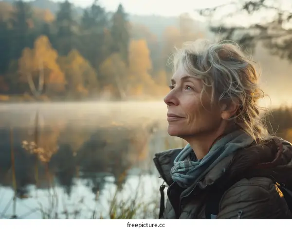 A woman standing near a lake and looking at the view