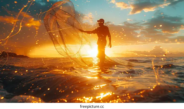 Fisherman alone at sea during sunset