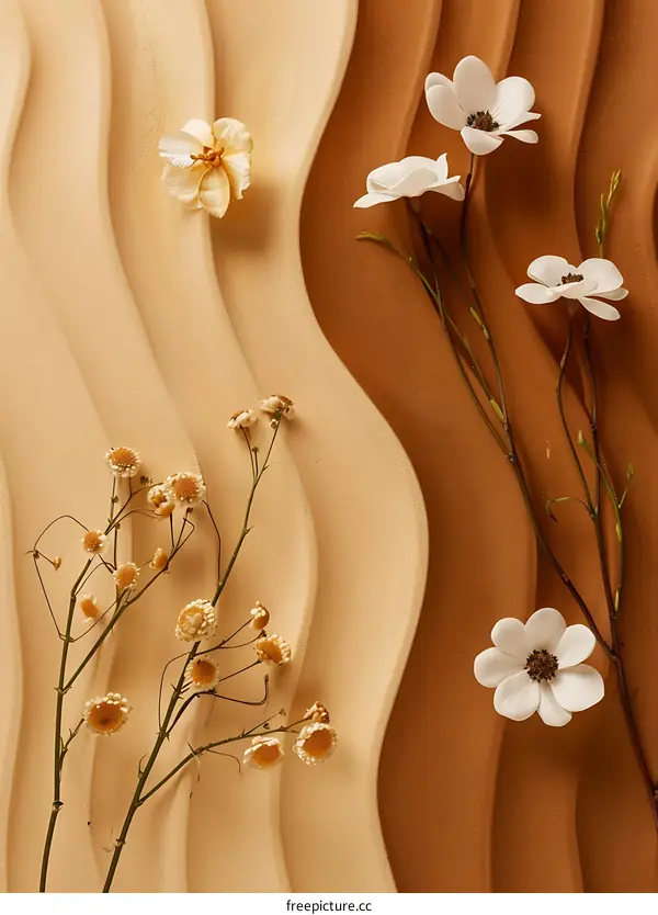White and Yellow Flowers on Brown and Beige Background