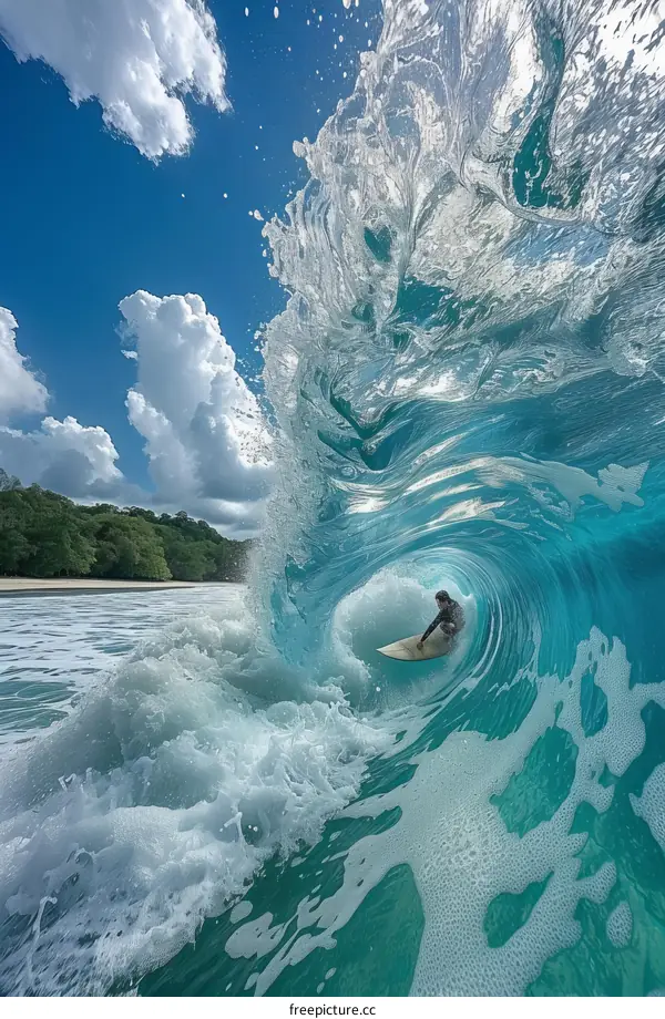 Surfer rides a big wave in the ocean