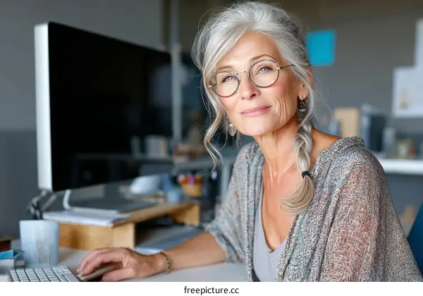 Mature Caucasian Woman Working at a Desk