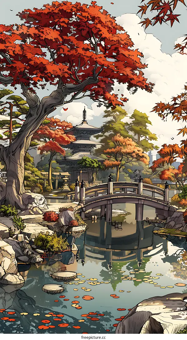 Japanese Garden with Red Maple Tree and Pagoda