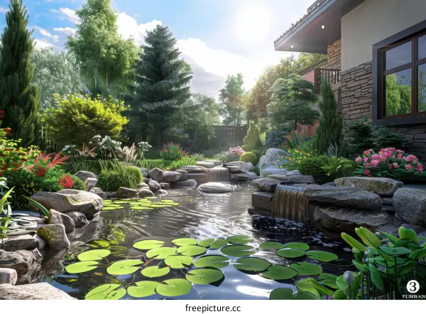 Picturesque Garden with Rockery and Fish Pond