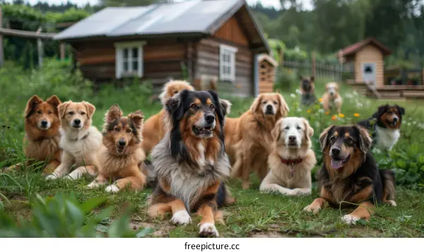 A group of dogs of different breeds are lying in the grass in front of a wooden house